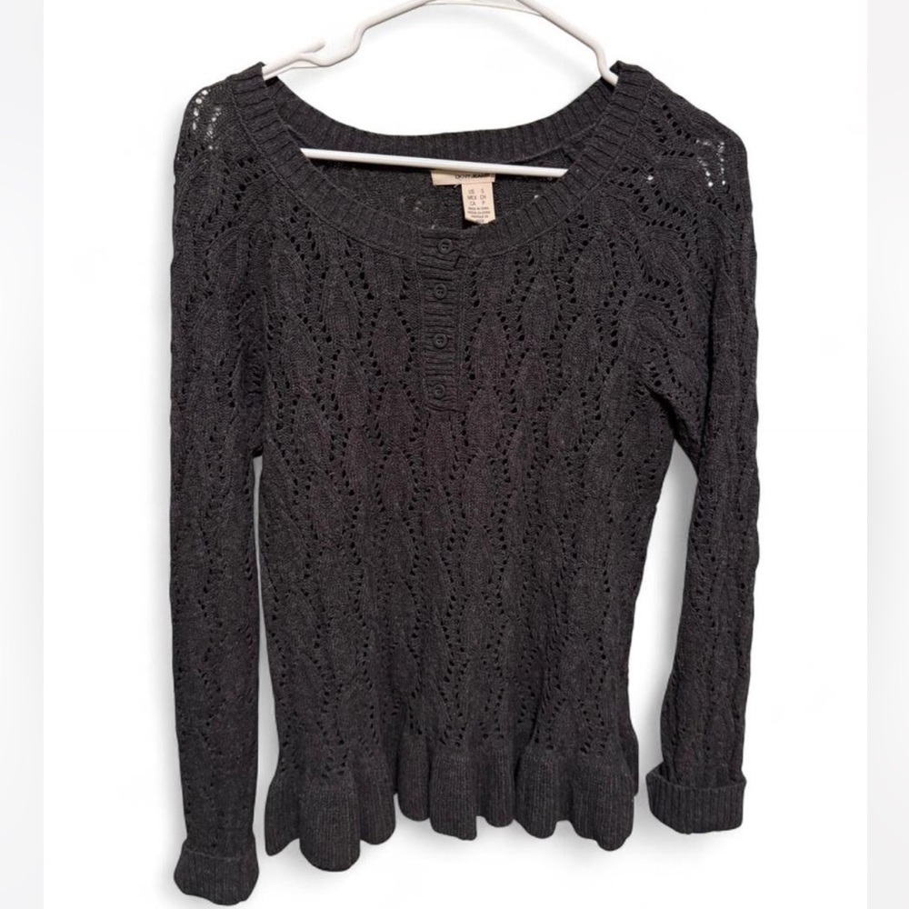 DKNY Y2K Charcoal Scoop button Neck Sweater, peplum trim size small